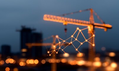 construction industry network and digital connectivity - abstract concept - construction cranes with network lights - nighttime cityscape