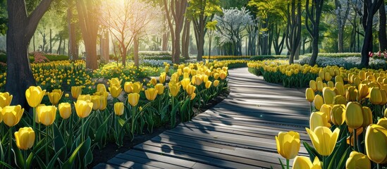 Sticker - Park featuring yellow tulips and wooden paths during spring High quality photo. Copy space image. Place for adding text and design