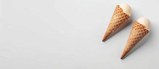 Canvas Print - Ice cream cones viewed from above minimal flat lay arrangement with copyspace