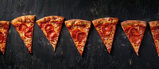 Poster - Pizza slices arranged in a row on a worn dark black textured background with copyspace at the top