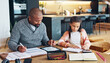 © peopleimages.com - Writing, father and girl with homework, tablet and internet with typing, connection and website info. Family, dad and daughter with single parent, technology and help with education and support