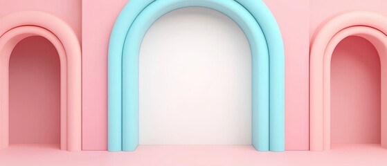 Wall Mural - pastel pink and blue 3d archway with white background for product display or text overlay