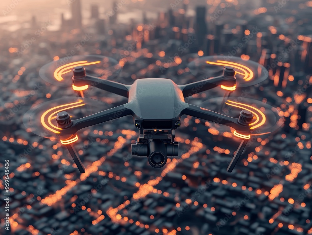 futuristic smart city drone technology with glowing lights at sunset ...