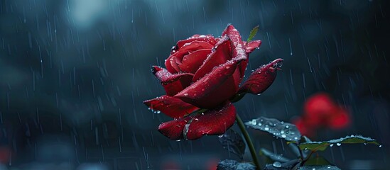 Poster - close up of a red rose in the rain. Copy space image. Place for adding text and design