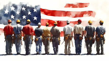 Poster - Workers standing united in front of an American flag backdrop.