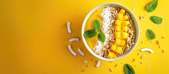 Wall Mural - Tropical mango and coconut smoothie bowl bright background copyspace