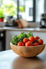 Wall Mural - Fresh Cherry Tomatoes and Herbs in Wooden Bowl on Modern Kitchen Counter with Natural Light