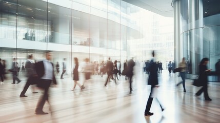 Silhouettes of people in business suits in a large light glass building. Blurred movement of rushing businessmen, managers in a modern office, business center, airport, train station.