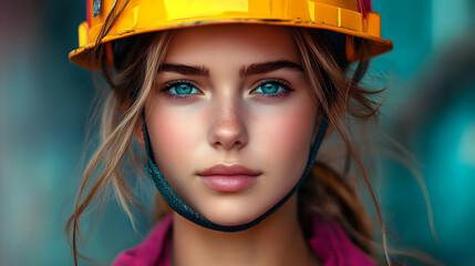 Poster - Young woman in a hard hat with striking blue eyes.