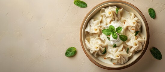 Poster - Bowl of delicious lazy dumplings topped with sour cream and mint leaves on a light brown background Copyspace available