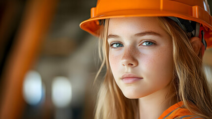 Poster - Young woman wearing an orange hard hat at a construction site.