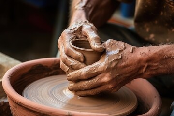 Close-up hands of a potter sculpting a pot, a bowl from raw clay on a potter's wheel in a ceramic workshop.