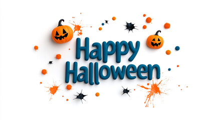 Wall Mural - Happy Halloween is a 3D lettering on a white background with paint splatters and Halloween decorations.