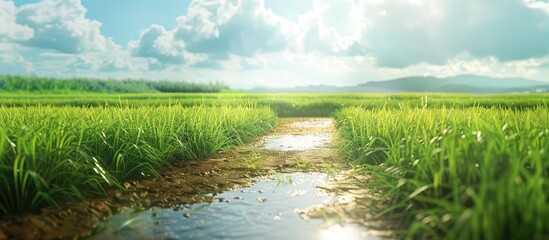 Poster - Countryside view following rice planting. Copy space image. Place for adding text and design