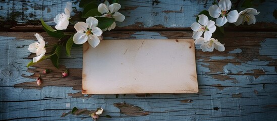 Father s Day greeting with a blank paper card and apple blossoms on a weathered wooden surface Copyspace Happy Father s Day theme