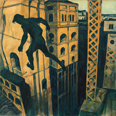 Surrealist depiction of a shadowy figure mid-leap between two structures in an urban landscape