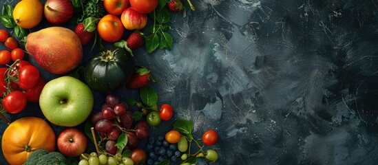 Canvas Print - Arrangement of various fresh organic fruits and vegetables Top view Flat lay Copy space