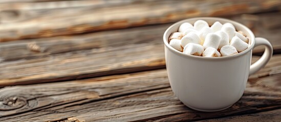 Sticker - White cup of fresh hot cocoa or hot chocolate topped with marshmallows on a wooden table featuring copy space