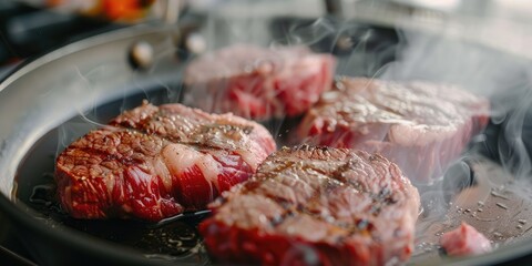 Wall Mural - Ribeye steaks sizzling in a hot pan, highlighting their detailed marbling and decadent texture.