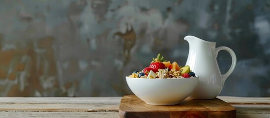 Poster - Cup of muesli with tropical fruits and a white milk jug on a wooden board Idea of healthy eating in clean tones. Copy space image. Place for adding text and design