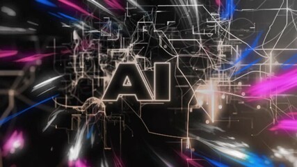 Wall Mural - AI text with abstract lines and shapes animation on dark background