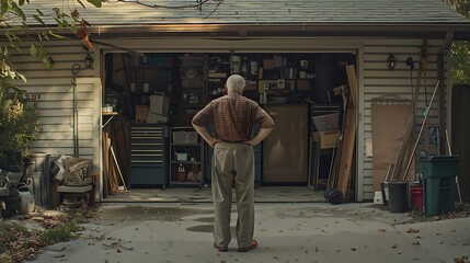 Senior Man Standing in Front of Cluttered Garage Door