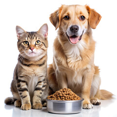 A cute dog and cat looking at the camera, dog food around them. This is an advertising image.