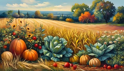 Wall Mural - autumn landscape with pumpkins and corn