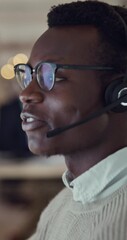 Poster - Black man, talking and customer service in office, night and communication for tech support and headset. Dark, representative and telemarketing with glasses, advice and consultation in call centre