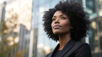 Wall Mural - Portrait of a beautiful black afro american woman in suit outdoors with a blurry business center in backdrop