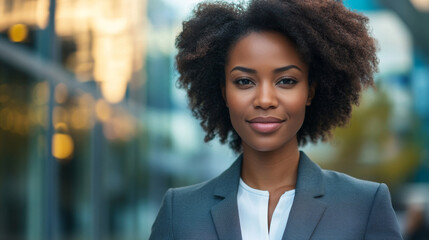 Wall Mural - Portrait of a beautiful black afro american woman in suit outdoors with a blurry business center in backdrop