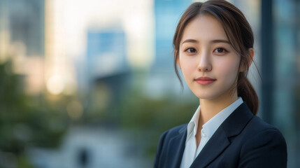 Wall Mural - Portrait of a beautiful Asian woman in suit outdoors with a blurry business center in backdrop