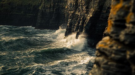 Wall Mural - Powerful waves crashing against a rocky cliff.