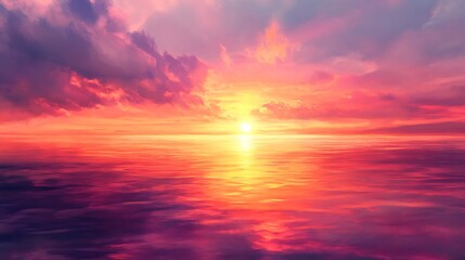 Wall Mural - A vibrant, colorful sunset over a calm ocean, with the sun reflecting on the water.