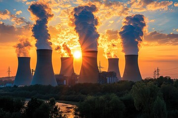 Wall Mural - Power plant with smoking chimneys at sunset. Energy generation and heavy industry