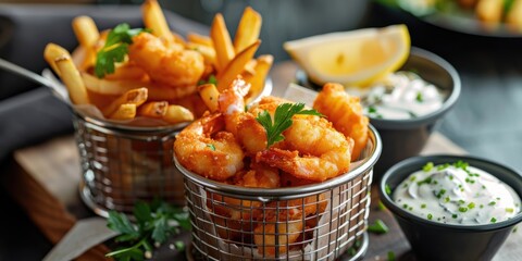 Canvas Print - Shrimp and potato fries presented in metal baskets accompanied by tartar sauce.