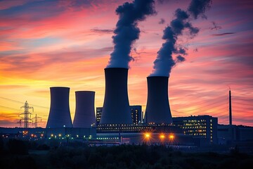 Power plant with smoking chimneys at sunset. Energy generation and heavy industry