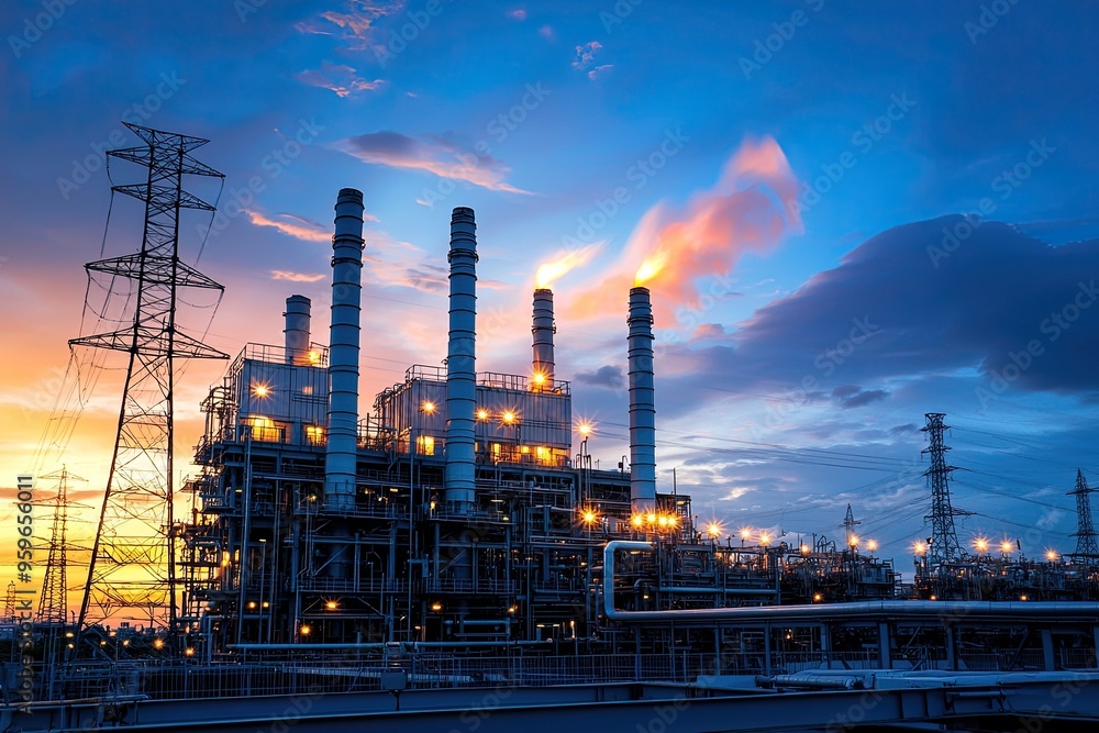 Power plant with smoking chimneys at sunset. Energy generation and ...