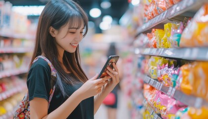 happy Smart Shopping: Woman Using Smartphone for Reminders in Vibrant Supermarket. Abstract Background Highlights Inclusive Retail Freedom, Fresh Produce Variety, and End-of-Season Promotions. AI-Gen