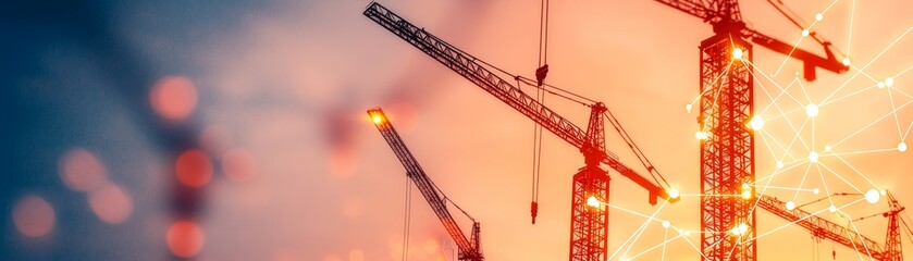 Wall Mural - construction cranes sunset orange sky network lines abstract