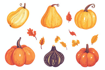 Wall Mural - set of simple autumn pumpkin. hand drawn pumpkin squash in warm natural fall colors isolated on whit