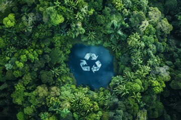 Top-down view of a serene pond nestled within a lush, untouched jungle, with a prominent recycling symbol floating at its center, symbolizing the call to recycle and reuse