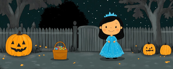 A girl in a blue dress stands in front of a fence with a basket of candy. There are two pumpkins on the ground, one of which is a jack-o-lantern. The scene is set in a Halloween yard