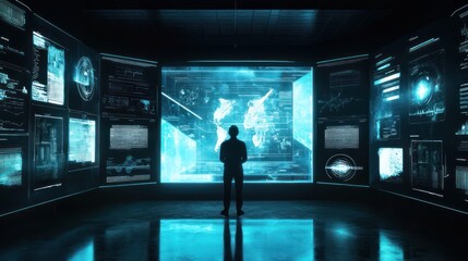 A Silhouetted Figure Stands Before A Wall Of Digital Displays