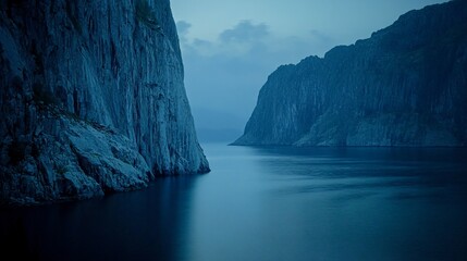 Two tall cliffs rise from a calm, blue body of water in a dramatic landscape.