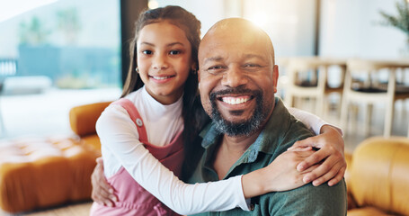 Poster - Kid, man and portrait with smile on sofa for support, love and bonding together on weekend. Happy, father and daughter relaxing with hug on couch at home for connection, care and trust in childhood