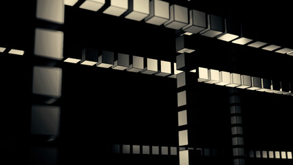 Wall Mural - geometric pattern with cubes in rows on a black background. design. 3d figures flowing in dark space