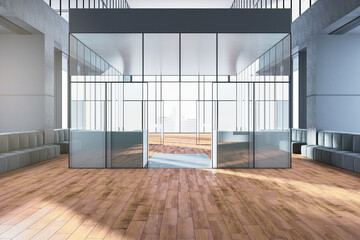 Wall Mural - Contemporary two floors and glass partitions empty office interior with panoramic windows and city view, wooden flooring and sunlight. 3D Rendering.