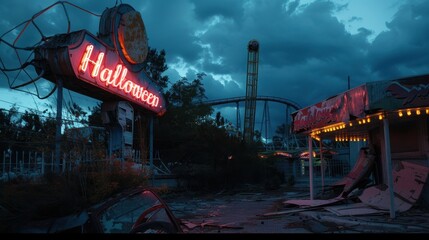 Abandoned amusement park at twilight, 