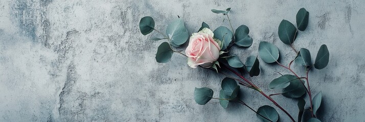Aufkleber - A stylish arrangement of roses and eucalyptus leaves rests elegantly against a textured concrete background, creating a modern aesthetic. Generative AI